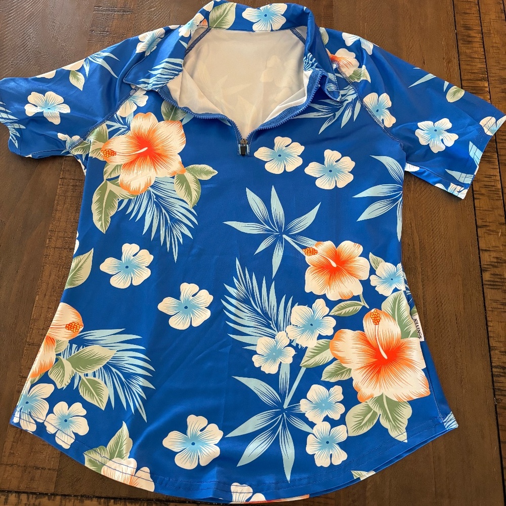 Women's Floral, Hawaiian athletic polo.